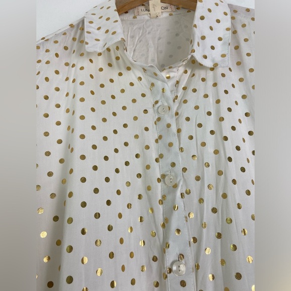 Luna Moon Women's large, gold poke-a-dot, empire waist, botton up blouse. - Picture 4 of 5